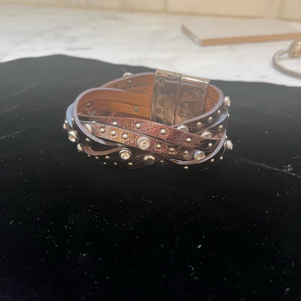 Brighton Elegant Brown Leather Wrap Bracelet with Rhinestones